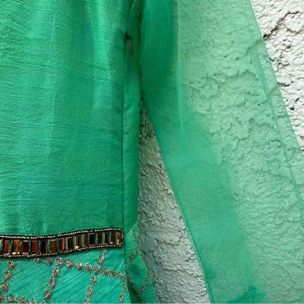 Formal raw silk Anarkali Indian gown green embroidered beaded wedding full skirt